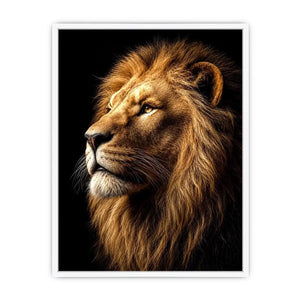Dramatic lion portrait canvas art with black background for luxury office decor.