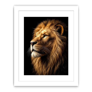 Dramatic lion portrait canvas art with black background for luxury office decor.