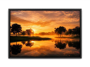 Warm sunset lake landscape canvas art for living room or dining room decor.