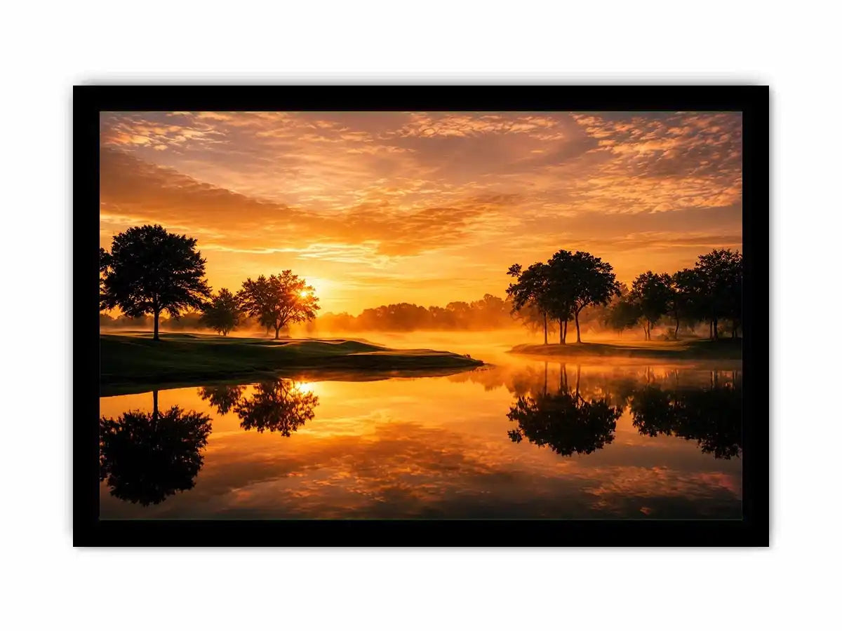 Warm sunset lake landscape canvas art for living room or dining room decor.