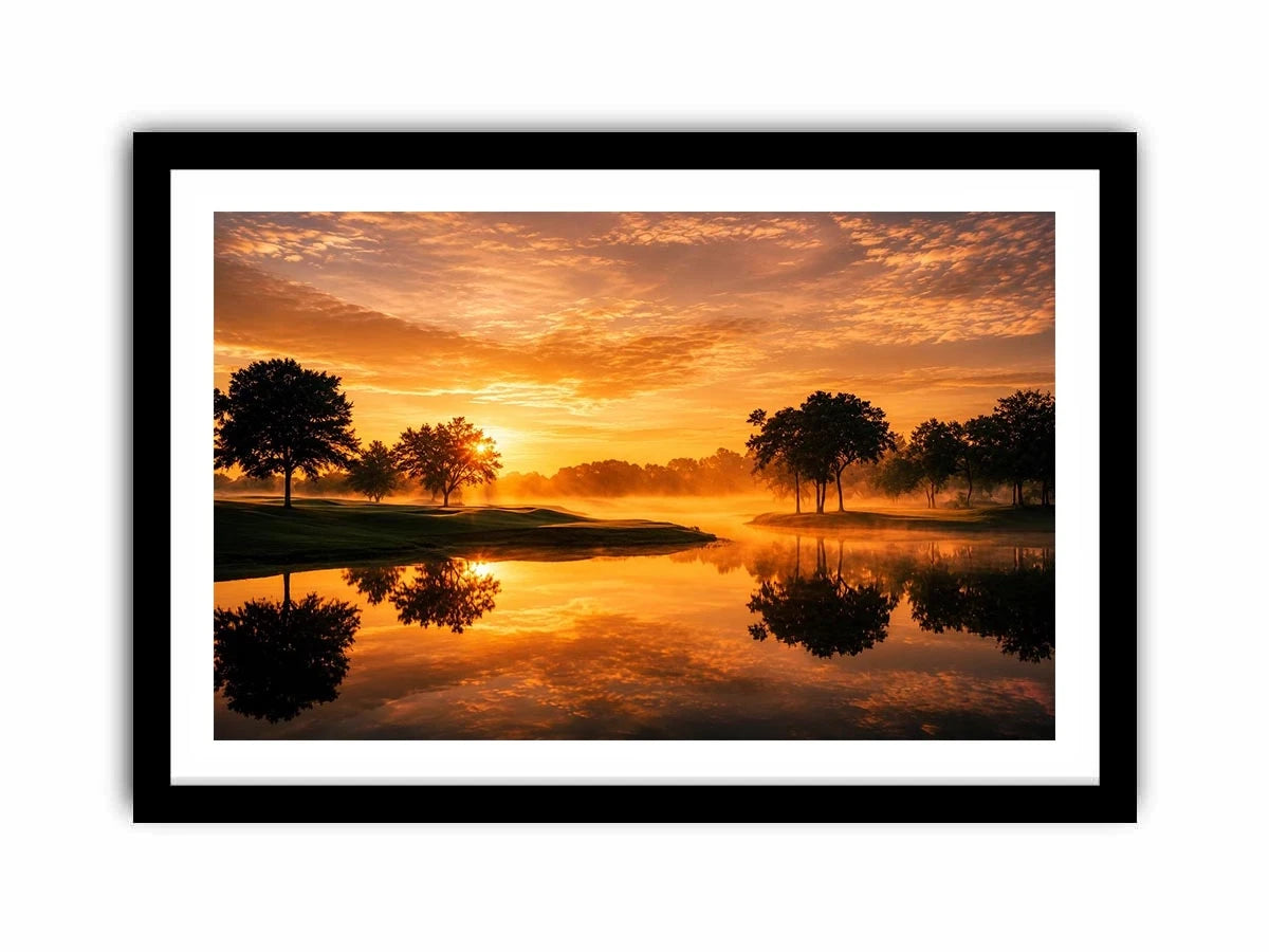 Warm sunset lake landscape canvas art for living room or dining room decor.