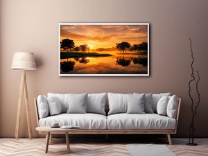 Warm sunset lake landscape canvas art for living room or dining room decor.