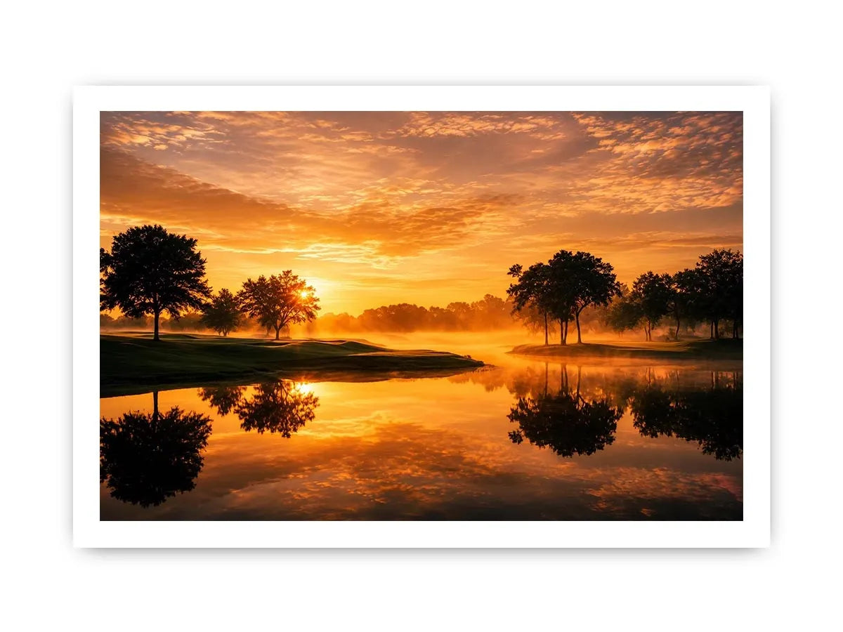 Warm sunset lake landscape canvas art for living room or dining room decor.