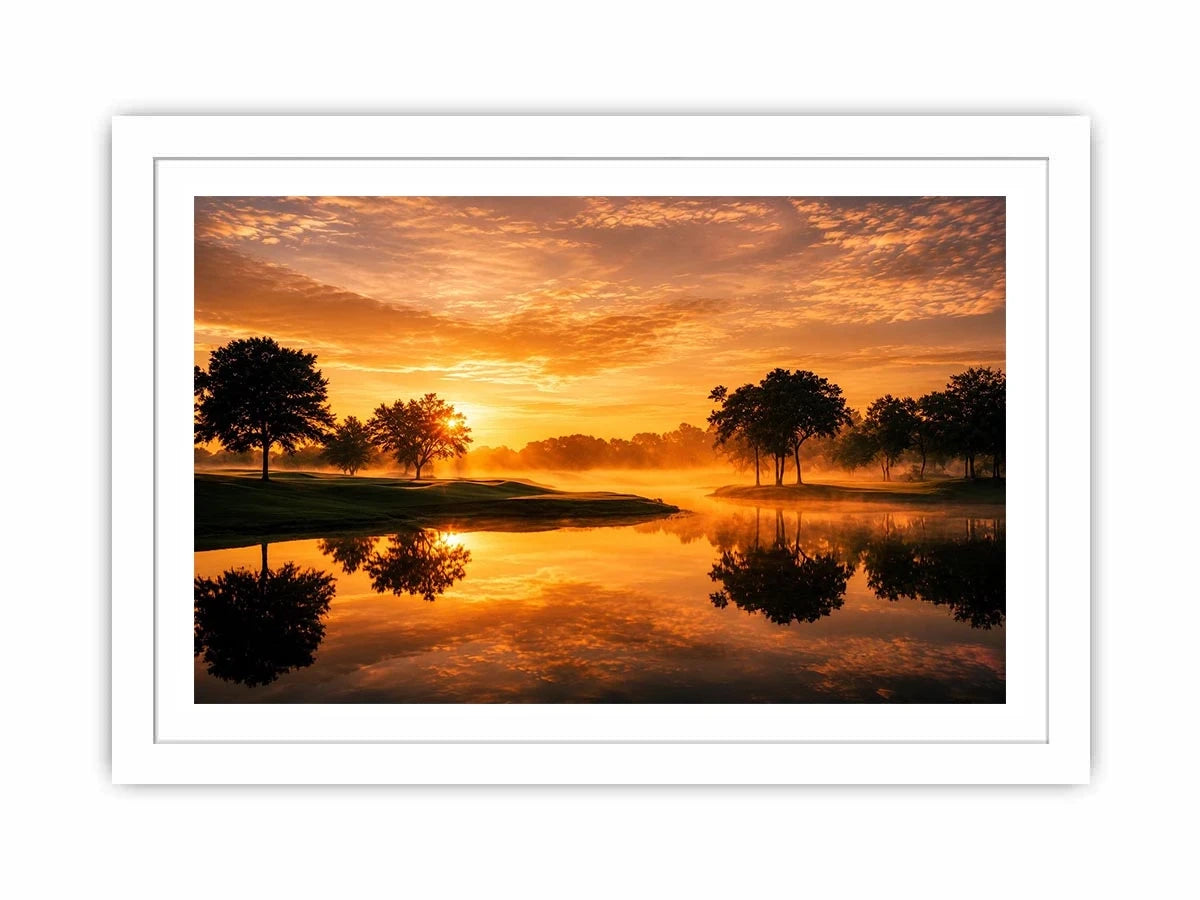 Warm sunset lake landscape canvas art for living room or dining room decor.