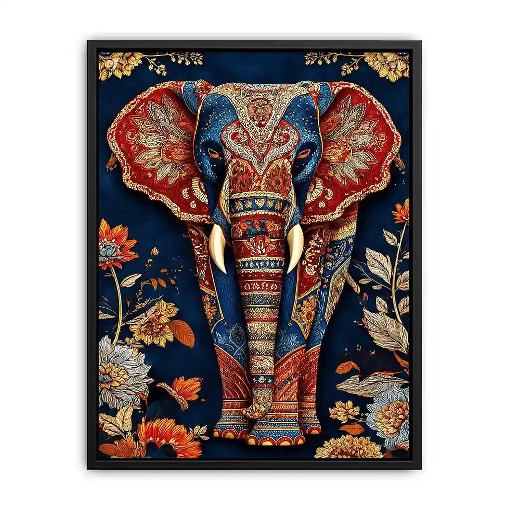 Ornate royal elephant canvas art with blue red and gold details for eclectic decor.