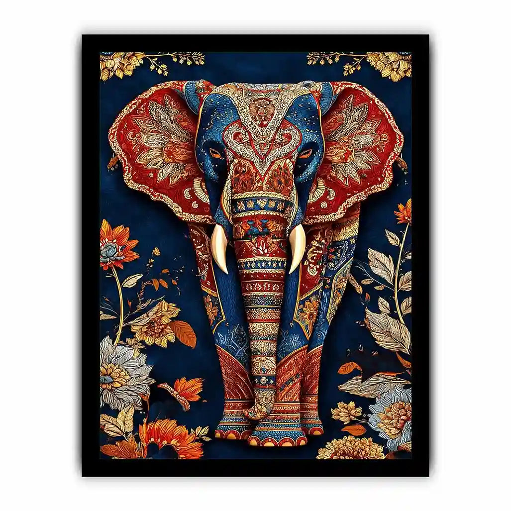 Ornate royal elephant canvas art with blue red and gold details for eclectic decor.