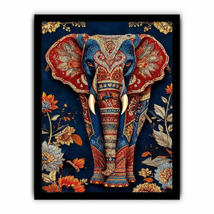 Ornate royal elephant canvas art with blue red and gold details for eclectic decor.