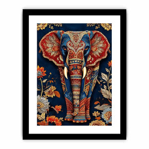 Ornate royal elephant canvas art with blue red and gold details for eclectic decor.