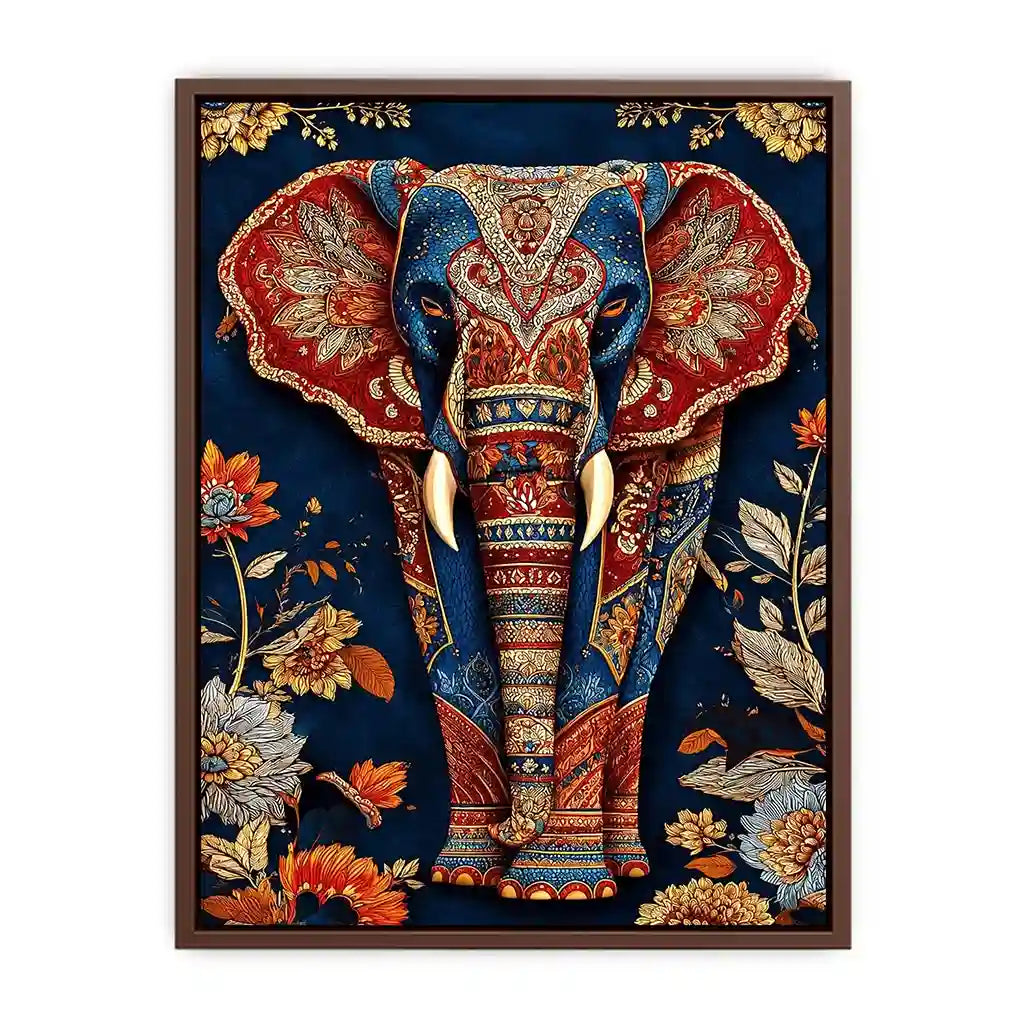 Ornate royal elephant canvas art with blue red and gold details for eclectic decor.