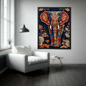 Ornate royal elephant canvas art with blue red and gold details for eclectic decor.