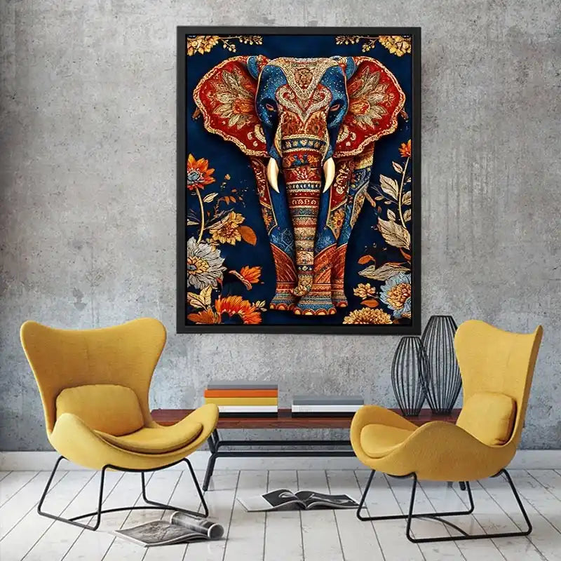 Ornate royal elephant canvas art with blue red and gold details for eclectic decor.