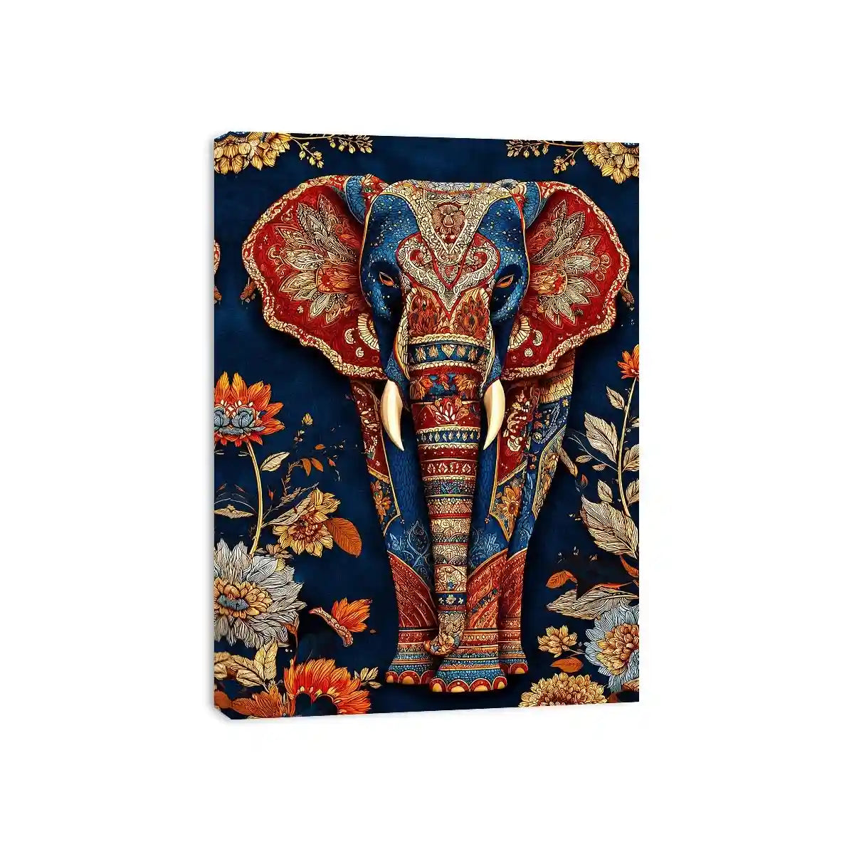 Ornate royal elephant canvas art with blue red and gold details for eclectic decor.