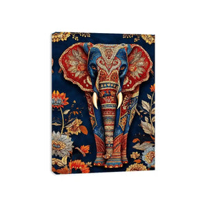 Ornate royal elephant canvas art with blue red and gold details for eclectic decor.