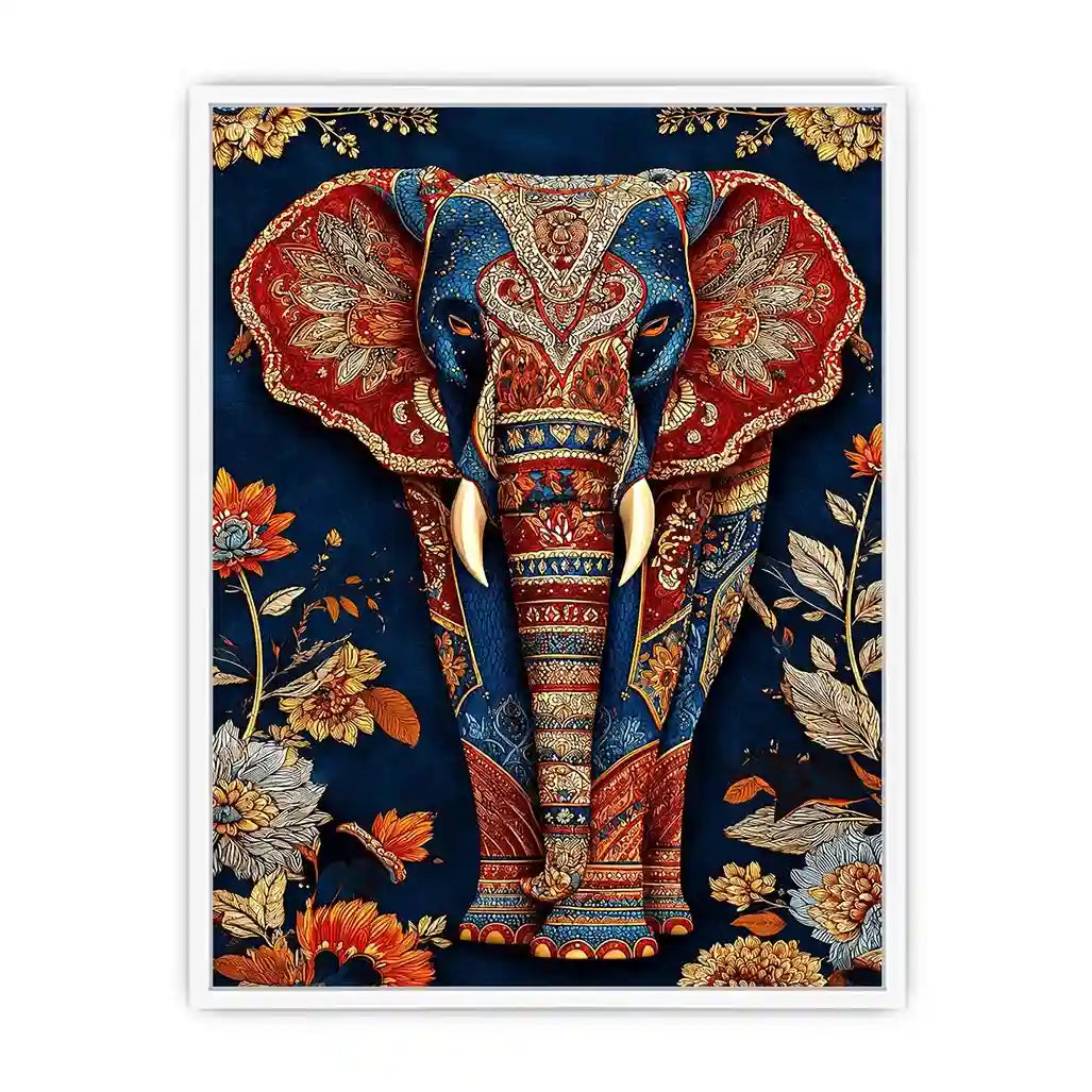 Ornate royal elephant canvas art with blue red and gold details for eclectic decor.