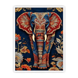 Ornate royal elephant canvas art with blue red and gold details for eclectic decor.