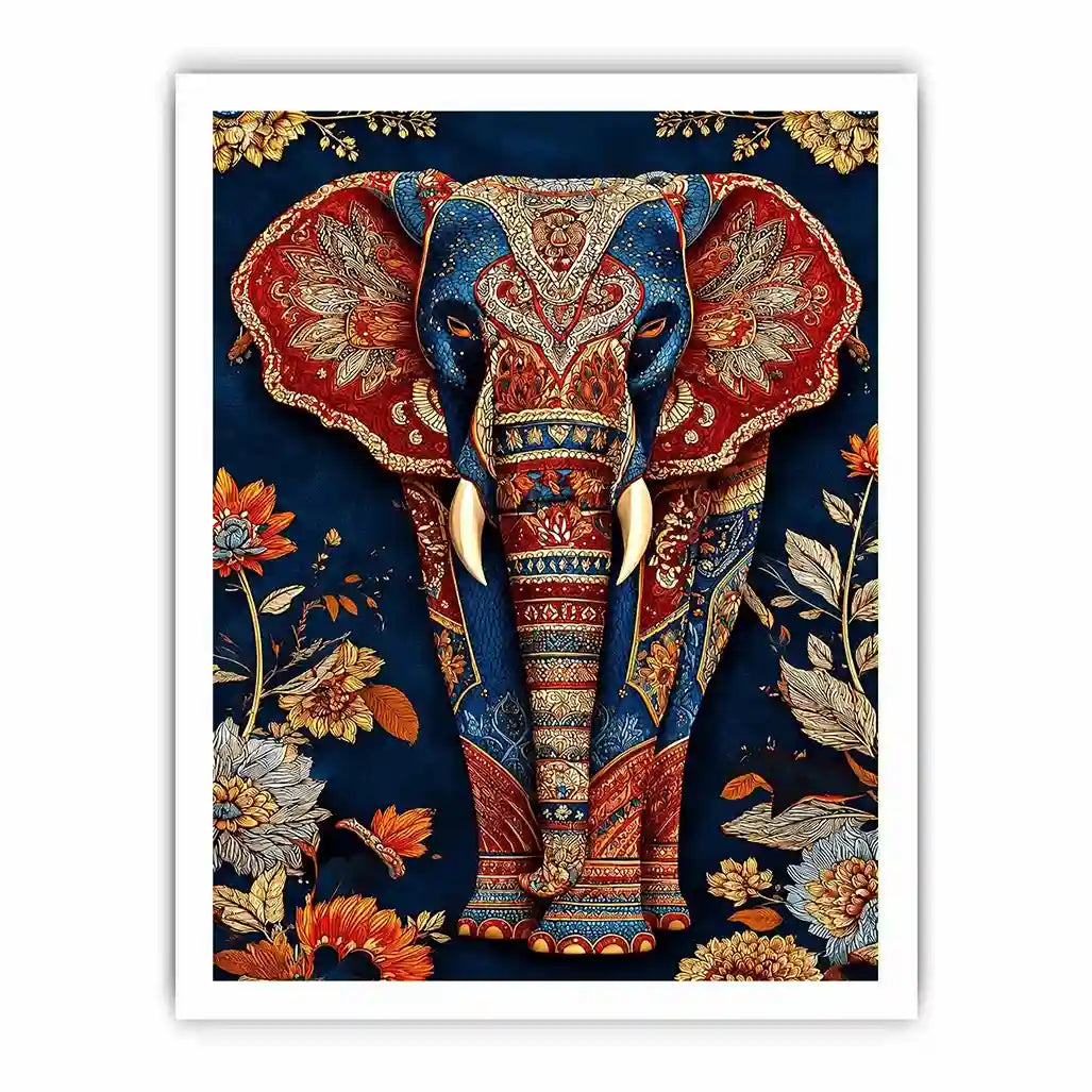 Ornate royal elephant canvas art with blue red and gold details for eclectic decor.