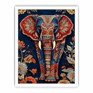 Ornate royal elephant canvas art with blue red and gold details for eclectic decor.