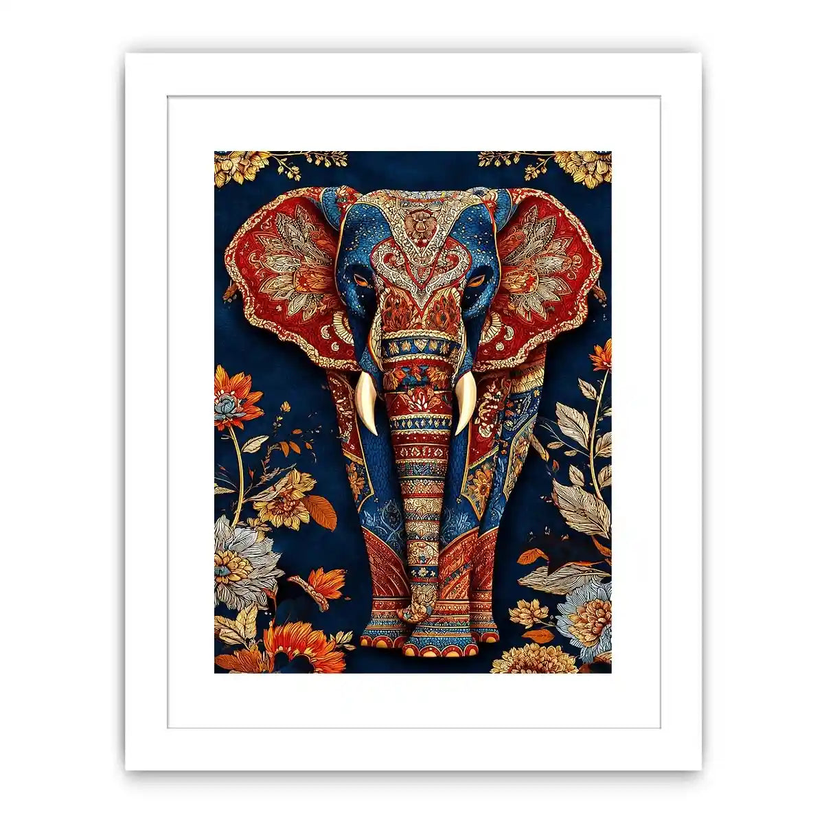 Ornate royal elephant canvas art with blue red and gold details for eclectic decor.
