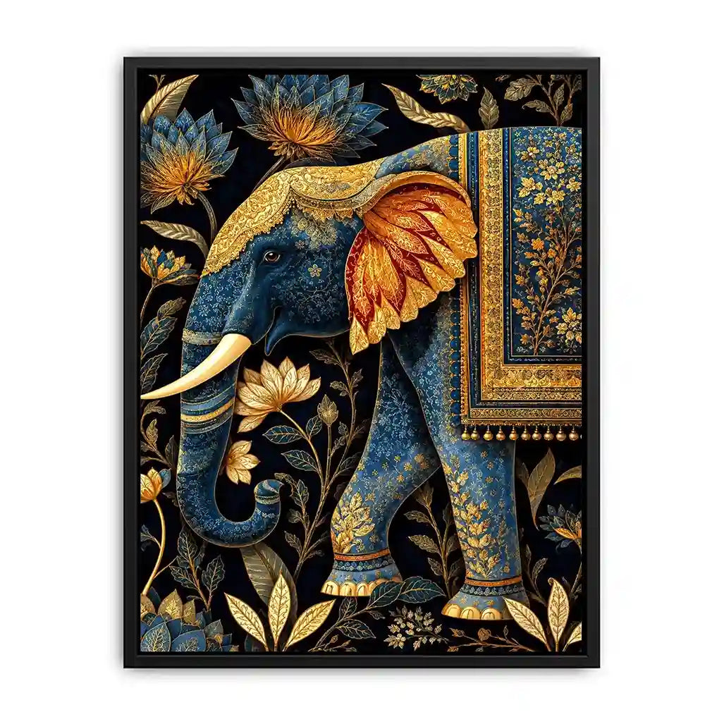 Blue and gold elephant canvas art with lotus florals for luxury entryway decor.