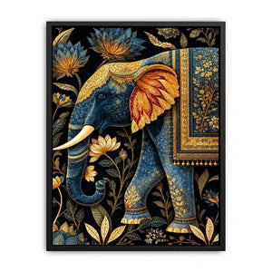 Blue and gold elephant canvas art with lotus florals for luxury entryway decor.