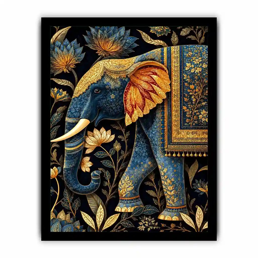 Blue and gold elephant canvas art with lotus florals for luxury entryway decor.