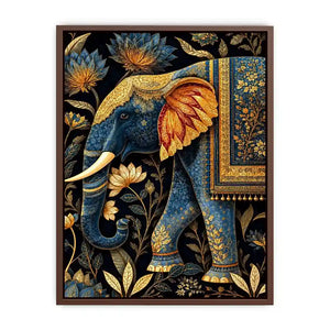 Blue and gold elephant canvas art with lotus florals for luxury entryway decor.