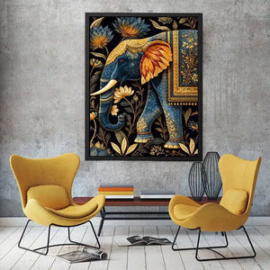 Blue and gold elephant canvas art with lotus florals for luxury entryway decor.