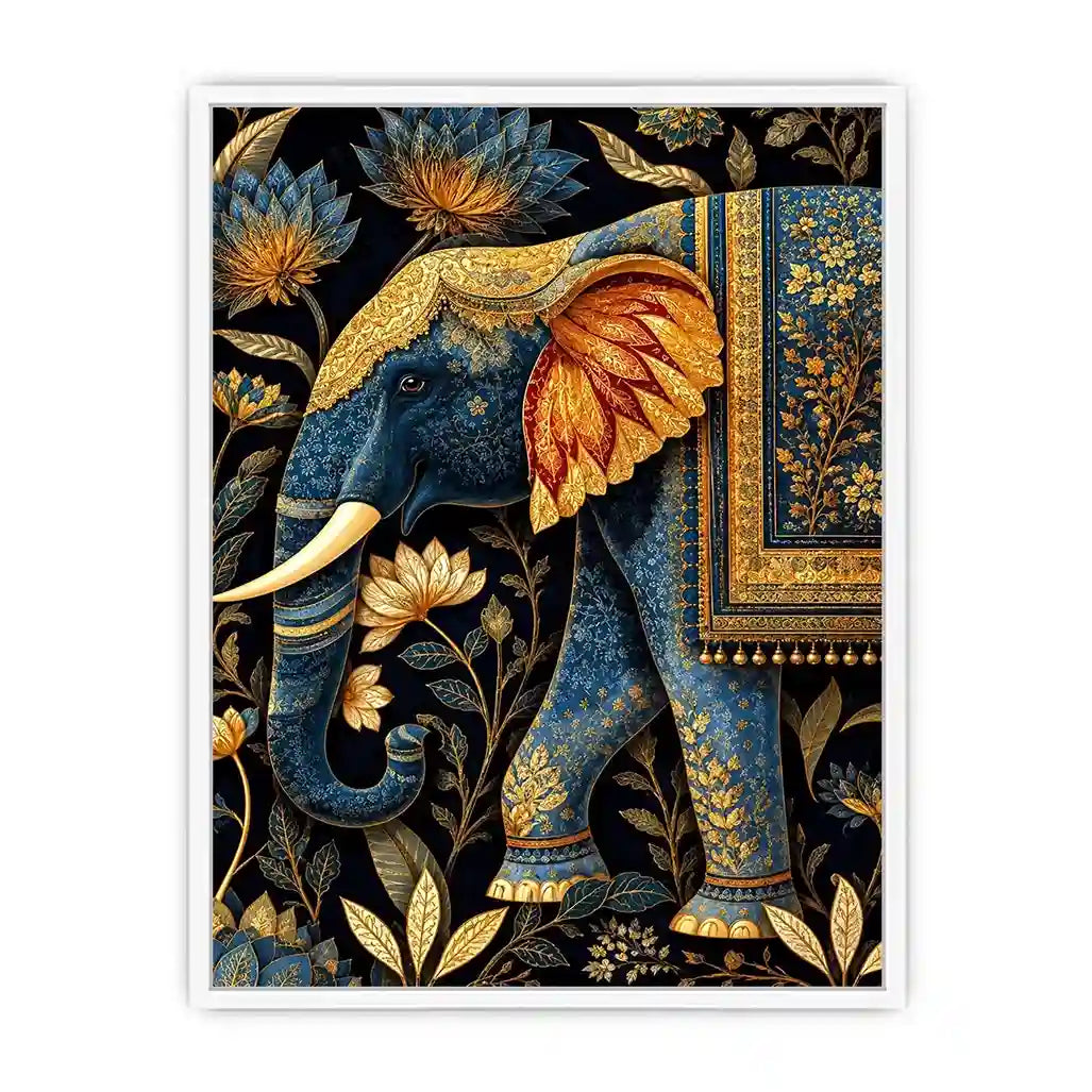 Blue and gold elephant canvas art with lotus florals for luxury entryway decor.