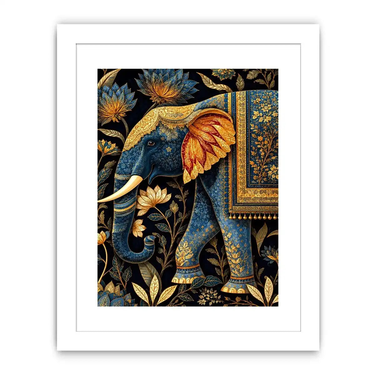 Blue and gold elephant canvas art with lotus florals for luxury entryway decor.