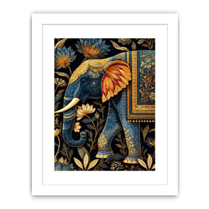 Blue and gold elephant canvas art with lotus florals for luxury entryway decor.