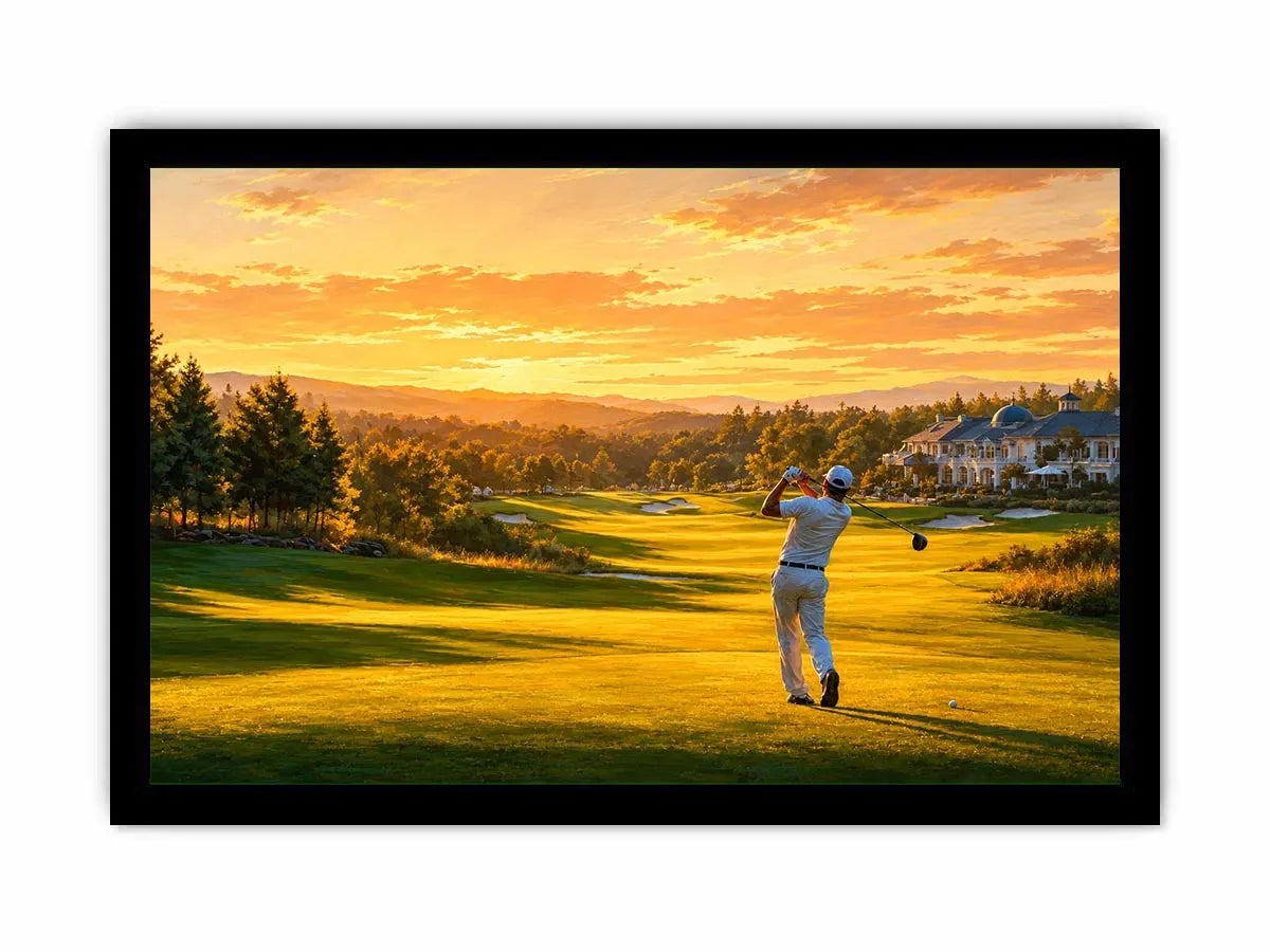 Golden golf course canvas art for modern office or living room decor.