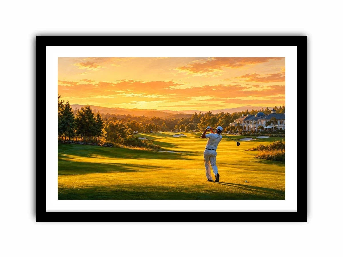 Golden golf course canvas art for modern office or living room decor.