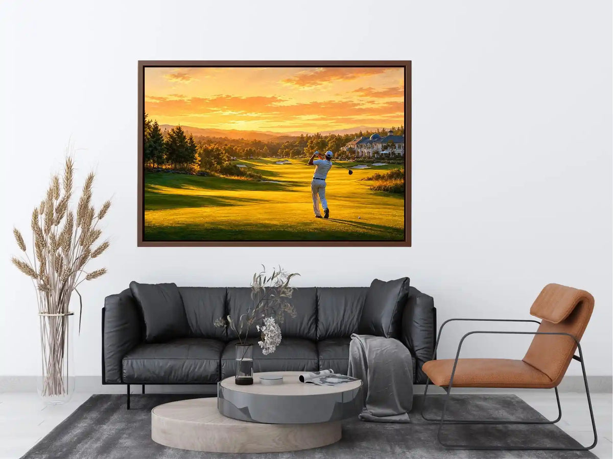 Golden golf course canvas art for modern office or living room decor.