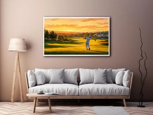 Golden golf course canvas art for modern office or living room decor.