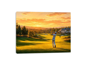 Golden golf course canvas art for modern office or living room decor.