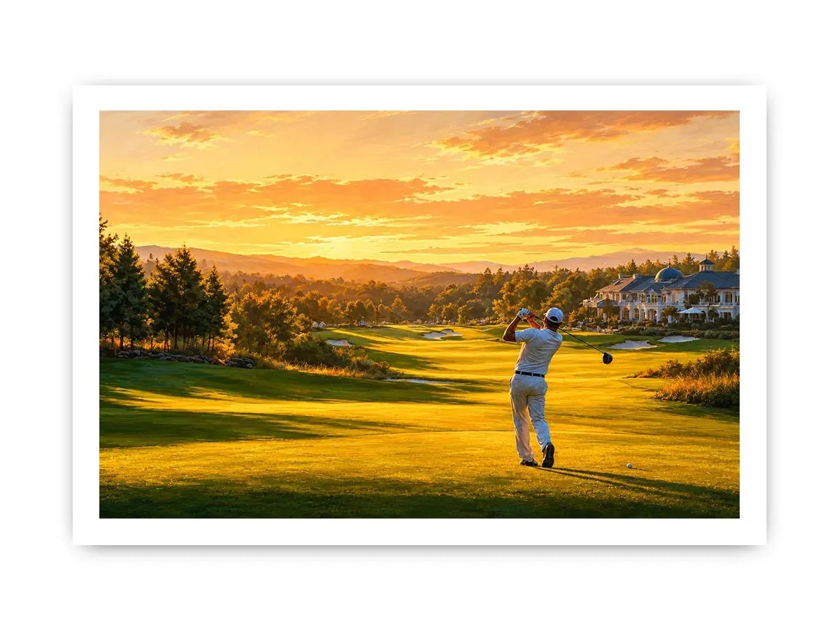 Golden golf course canvas art for modern office or living room decor.