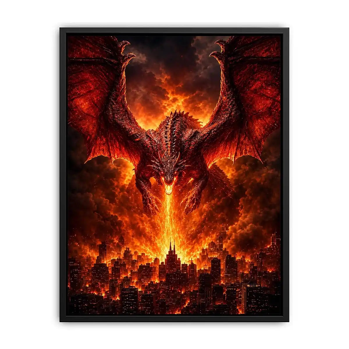 Fiery dragon fantasy canvas art for bold office or game room decor.