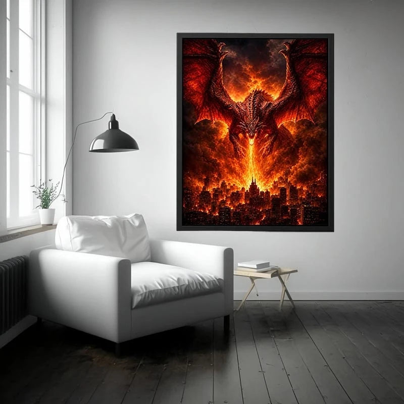 Fiery dragon fantasy canvas art for bold office or game room decor.