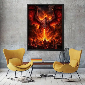 Fiery dragon fantasy canvas art for bold office or game room decor.