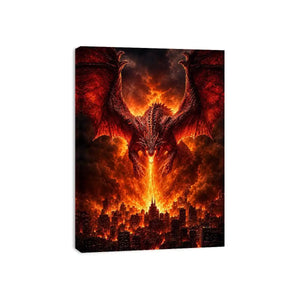 Fiery dragon fantasy canvas art for bold office or game room decor.