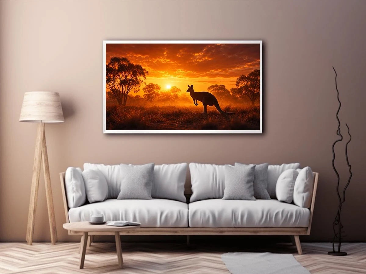 Kangaroo outback sunset canvas art for warm living room decor.