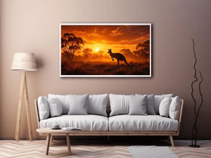 Kangaroo outback sunset canvas art for warm living room decor.