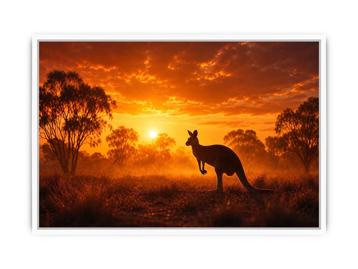 Kangaroo outback sunset canvas art for warm living room decor.