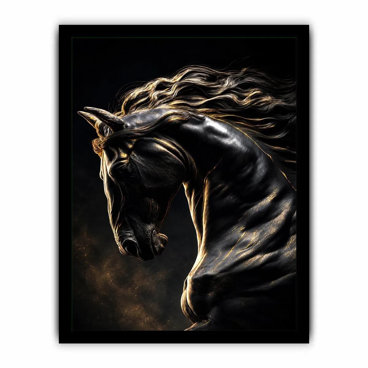 Black horse canvas art with gold accents for luxury living room decor.