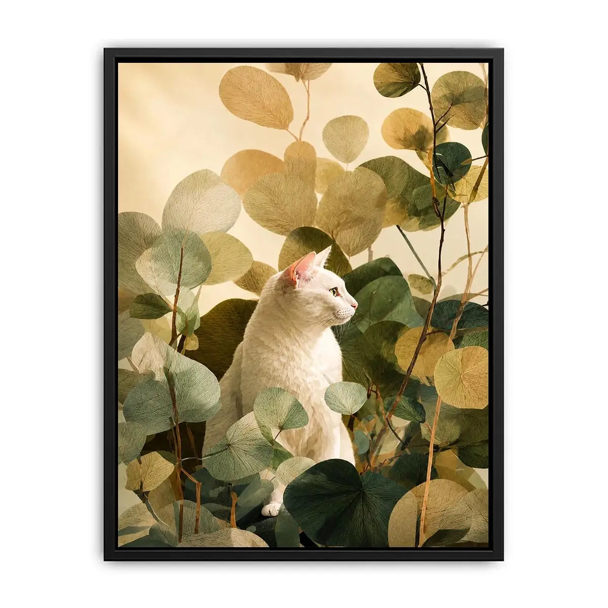 White cat botanical canvas print for serene bedroom or office decor.