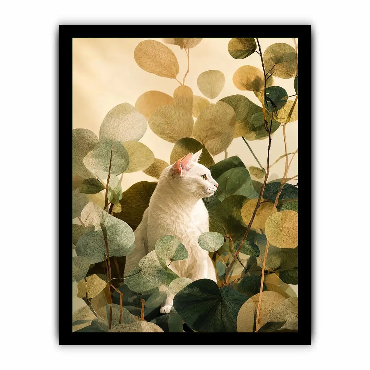 White cat botanical canvas print for serene bedroom or office decor.