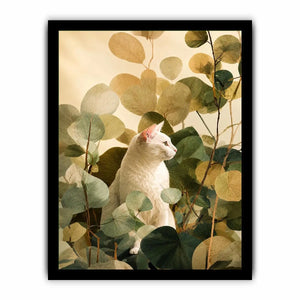 White cat botanical canvas print for serene bedroom or office decor.