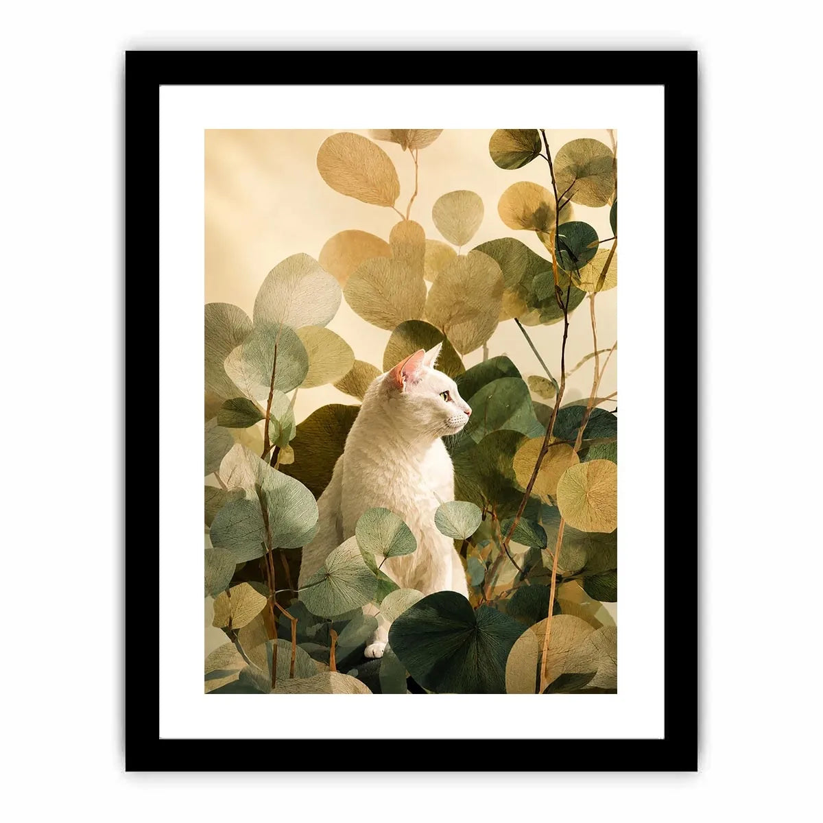 White cat botanical canvas print for serene bedroom or office decor.