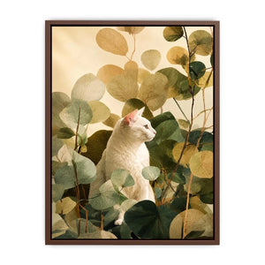White cat botanical canvas print for serene bedroom or office decor.