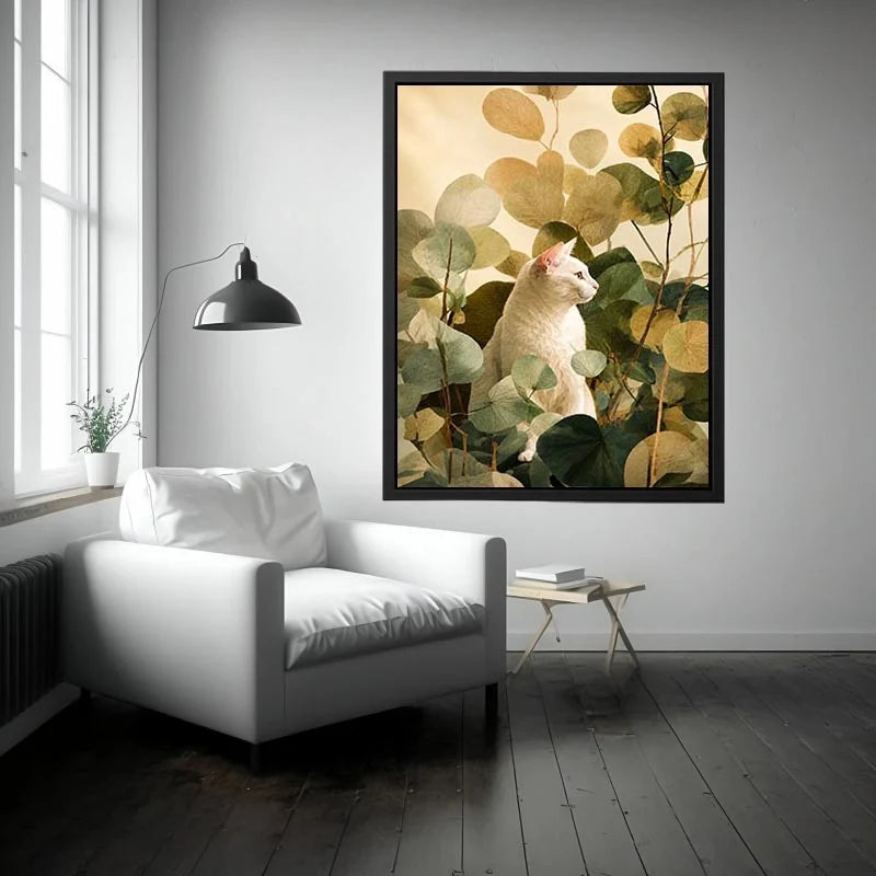 White cat botanical canvas print for serene bedroom or office decor.
